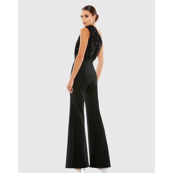 Mac Duggal 26716 Black Sequined One Shoulder Flare Leg Jumpsuit Size 2 NWT - Picture 2 of 7